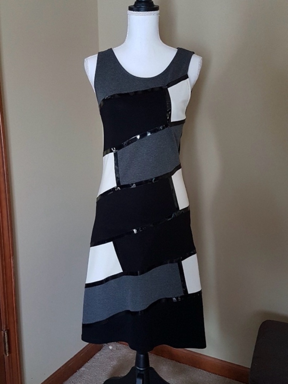 Black White & Gray Colorblock Knit Dress with Faux Leather Trim from Greece
